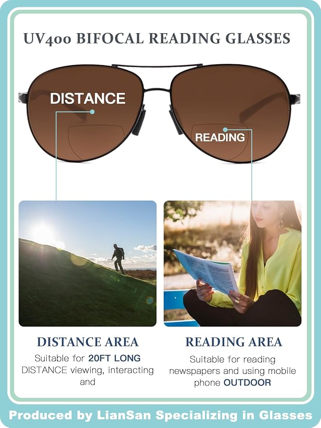 LianSan Premium Aviator Bifocal Reading Sunglasses for Men Women Retro Top Clear Sun Readers UV Protection