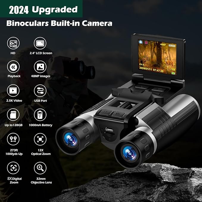 Digital Binoculars with Camera for Adult, 2.4" LCD Display 48MP Camera 2.5K Videos 8X Digital Zoom Ideal for Concerts, Bird Watching, and Outdoor Adventures with 32GB SD Card