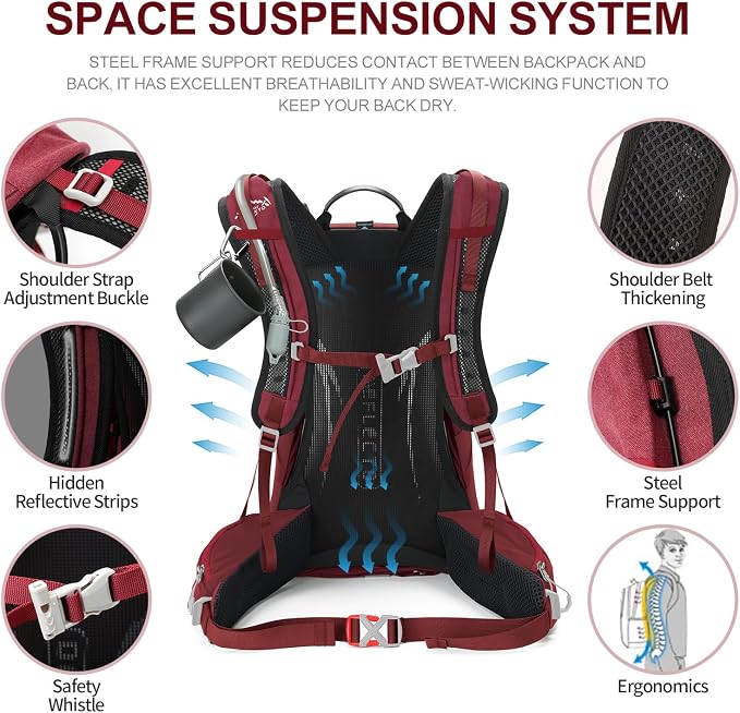 IX INOXTO Hiking Backpack, 26L/40L Waterproof Hiking Daypack with 3L Water Bladder and Rain Cover, Lightweight Travel Camping Backpack for Men Women (Red)