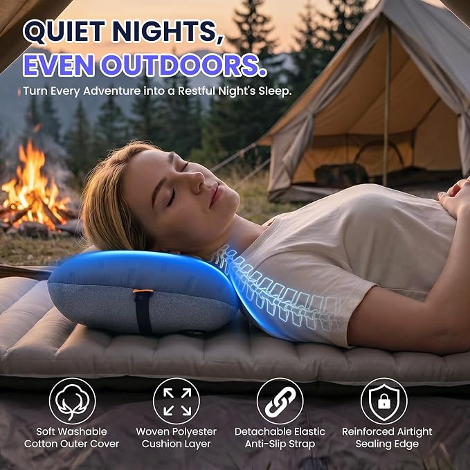Inflatable Camping Pillow - Ultralight Compact Air Pillow for Travel, Backpacking & Hiking - Ergonomic Neck & Lumbar Support - Portable Inflatable Pillow with Removable Washable Cover - (Grey 2 Pack)