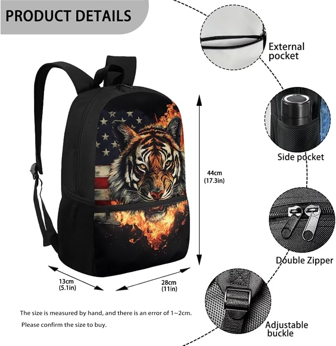 Fire Tiger Backpack for Kids Girls School Bag with with Lunch Box Water Bottle Set Pencil Case Casual American Flag Daypack for Hiking Travel Elementary Bagpack Back to School Supplies