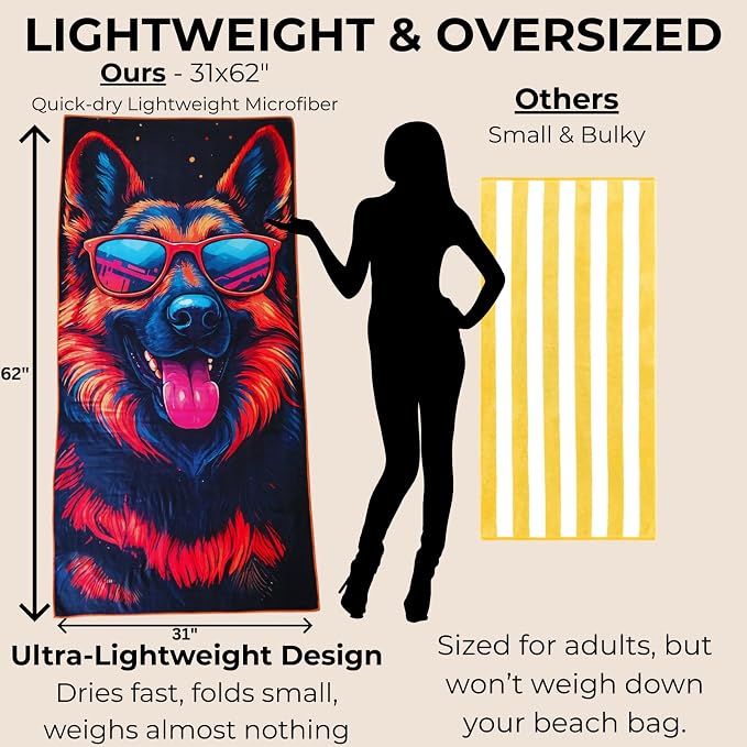 Microfiber Funny German Shepherd in Sunglasses Colorful Beach Towel for Women, Girls, Kids, Boys, Men, Plush Beach Towel, Absorbent Pool Towel Super Soft, Oversized 31x62 Inches