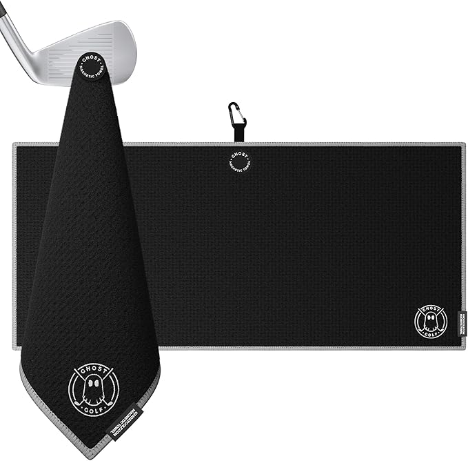 Ghost Golf Magnetic Towel (Caddie) - Premium Ultra-Absorbent Microfiber Golf Towel with Magnet for Golf Carts or Clubs - 18" x 40" Golfing Gear - Waffle Weave Pattern (Black)