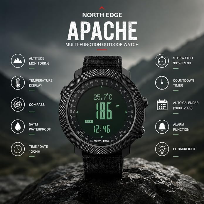 NORTH EDGE Apache Men’s Digital Tactical Watch, Outdoor Sports Watch with Compass, Altimeter, Barometer, Pedometer, Weather Trend, EL Backlight, 50M Water Resistant Hiking Watch