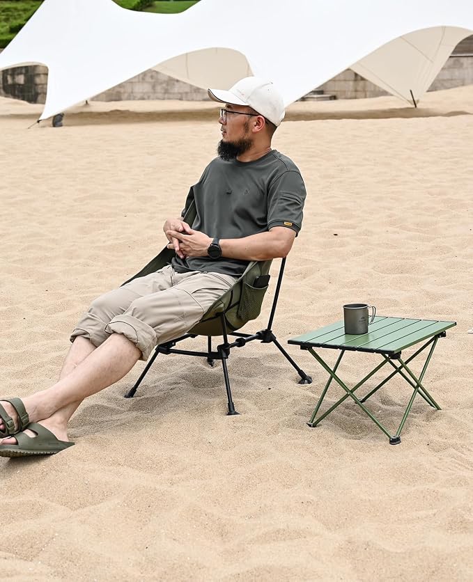 iClimb Ultralight Compact Camping Folding Beach Chair with Anti-Sinking Large Feet and Back Support Webbing (Green - Square Frame - 2PC)