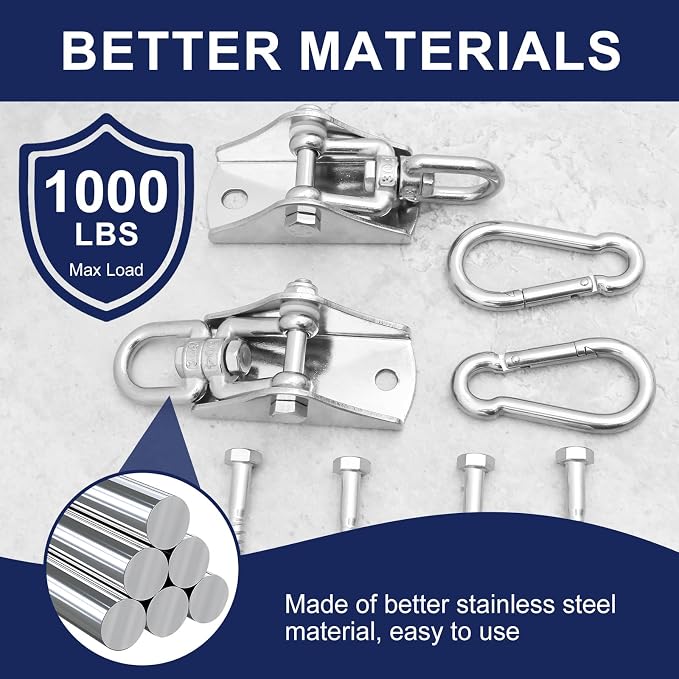 2Pcs 304 Stainless Steel Swing Hangers Heavy Duty-1000 LBS Weight Capacity,360° Rotatable Swing Hooks with Anti-Loose Nut & Wear-Resistant Washer for Ceiling,Porch Swing,Hammock,Punching Bag