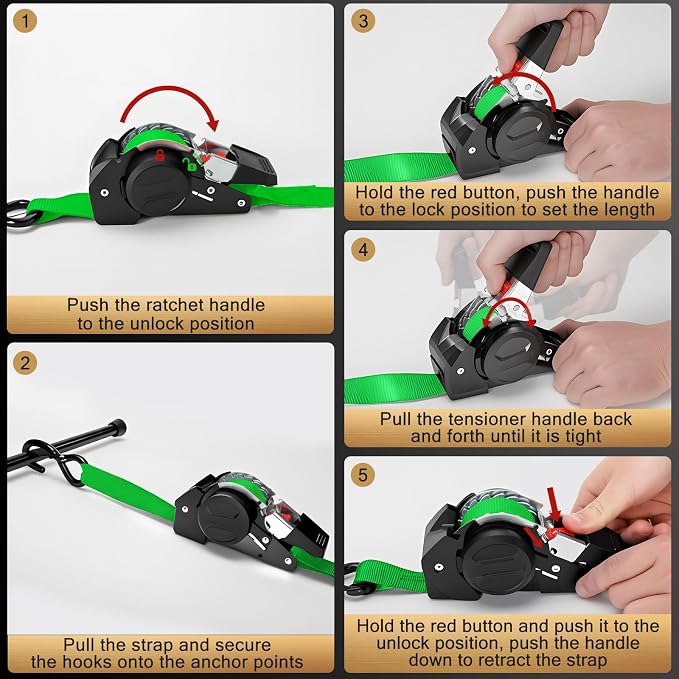 Retractable Ratchet Straps (4-Pack) - 1 in x 10 Ft (1800 LB Break Strength) Heavy Duty Self Retracting Ratchet Straps with Soft Loops & Storage Bag for Household, Motorcycle, Truck, ATV(Green)