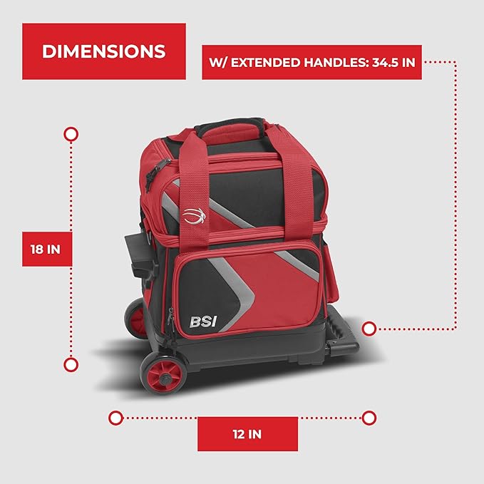 BSI Dash Roller Bowling Bag with Smooth Rolling Wheels, Padded Ball Compartment, Retractable Locking Handle, & Shoe Pocket