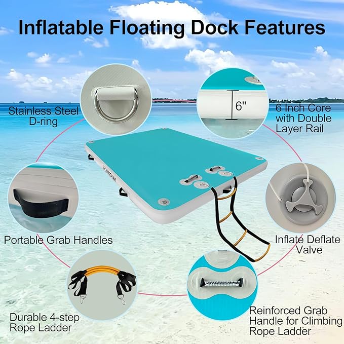 5ft/6ft/8ft/10ft Floating Dock Water Platform, Multi-People Inflatable Floating Mat, Dock Platform for Lake/Boats/Island/Swimming Pool
