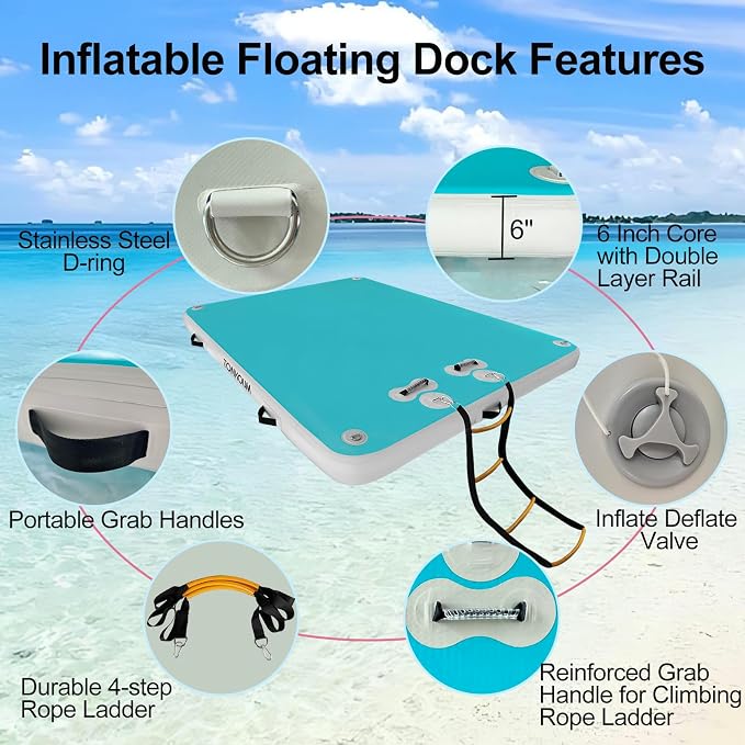 5ft/6ft/8ft/10ft Floating Dock Water Platform, Multi-People Inflatable Floating Mat, Dock Platform for Lake/Boats/Island/Swimming Pool