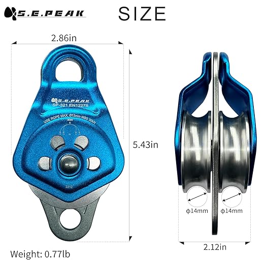 30kN Upgraded Rescue Double Pulley Sheave with Swing Plate,CE High Strength Pulley for Backyard Zipline, Climbing, Rock Rescue Lifting, Hauling, Fit Rope up to 13 mm/Holds Up to 6750lbs,Blue