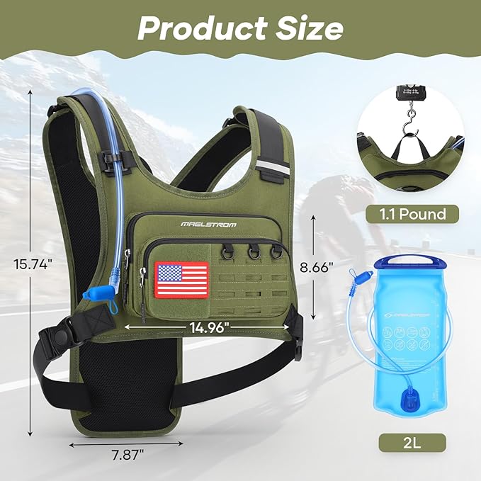 Maelstrom Hydration Vest with 2L Water Bladder Backpack for Running Hiking | Chest Pack, BPA-free, High Flow Bite, Reflective Stripe, Helmet Buckle, Detachable, Breathable Pad, for Cycling, Marathon