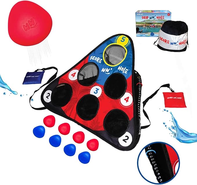 SKIP NN' HOLE Original Fun Stonne Skipping Meets Pool Cornhole Game Floating | for All Ages | Fun Swimming Pool Game for Adults and Family | Easy Setup, Durable, Portable Water and Lake Toy |