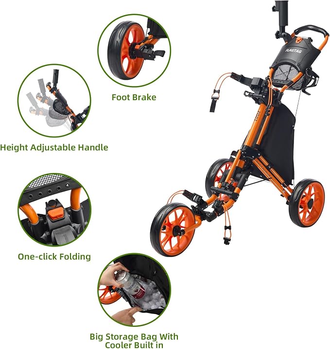 FLAGTAG Golf Push Cart 3 Wheel,Foldable Golf Push Cart,Golf Bag Cart with Foot Brake,Umbrella Holder, Cup Holder, Storage Compartment