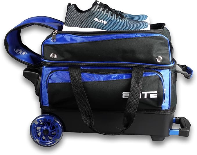 ELITE Deluxe 2 Ball Bowling Bag with 5" Smooth Wheels - Large Accessory Pocket, Shoe Compartment, 36" Extendable Handle