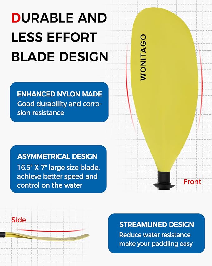 Kayak Paddle with Fiberglass Shaft and Reinforced Nylon Blade, Adjustable Kayaking Oars, 3 Piece, 230-250 cm/90-98 inches, 210-230 cm/82-90 inches