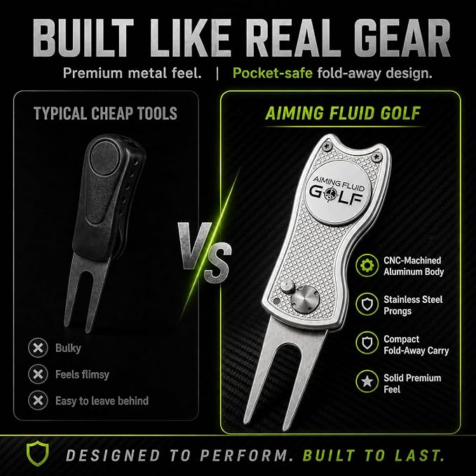 Golf Divot Repair Tool — 5-in-1 Golfing Ball Marker, Pitch Mark Repair, Putting Alignment, Club Tee, and Groove Cleaner, Accessory Metal Switchblade Design - Ideal Gift for Golfers