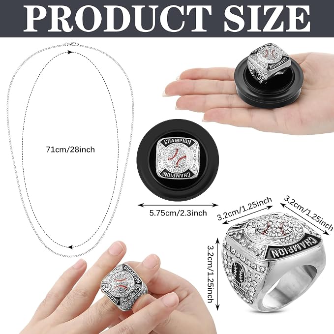 Landical 6 Pack Baseball Rings Softball Championship Rings Ball Games Championship Trophy Rings Sport Award Gift with Display Neck Chain and Stand for Tournament or League Champion Winner