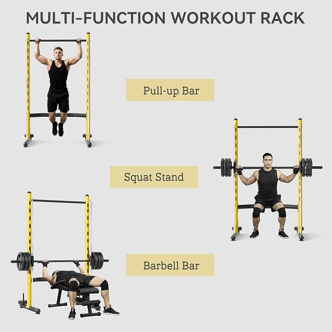 Soozier Squat Rack with Pull-Up Bar, Adjustable Power Rack with Barbell Bar, Multi-Functional Steel Bench Press Rack for Home Gym Strength Training, Black