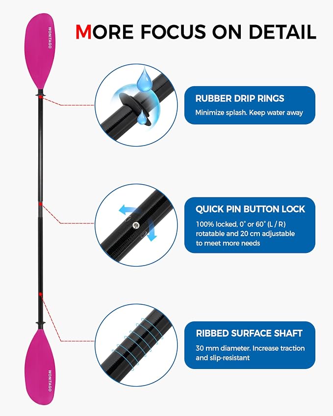 Kayak Paddle with Fiberglass Shaft and Reinforced Nylon Blade, Adjustable Kayaking Oars, 3 Piece, 230-250 cm/90-98 inches, 210-230 cm/82-90 inches