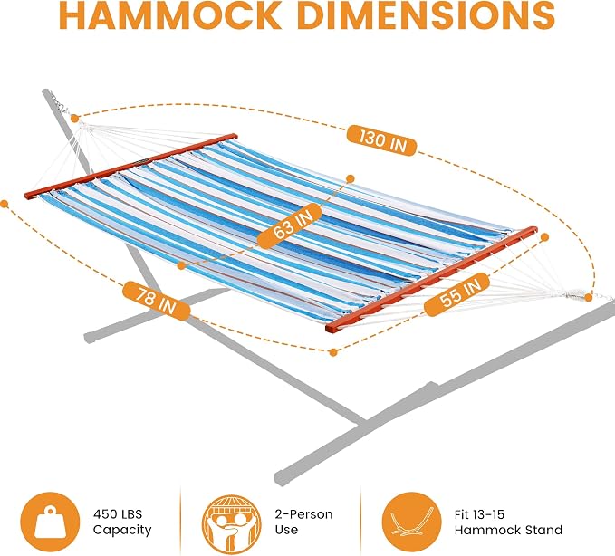 Lazy Daze Hammocks Cotton Fabric Double Hammock with 55" Spreader Bar, Portable Camping Hammock with Carrying Bag & Tree Straps for Patio, Backyard, Balcony, 450lbs Capacity, Blue & White