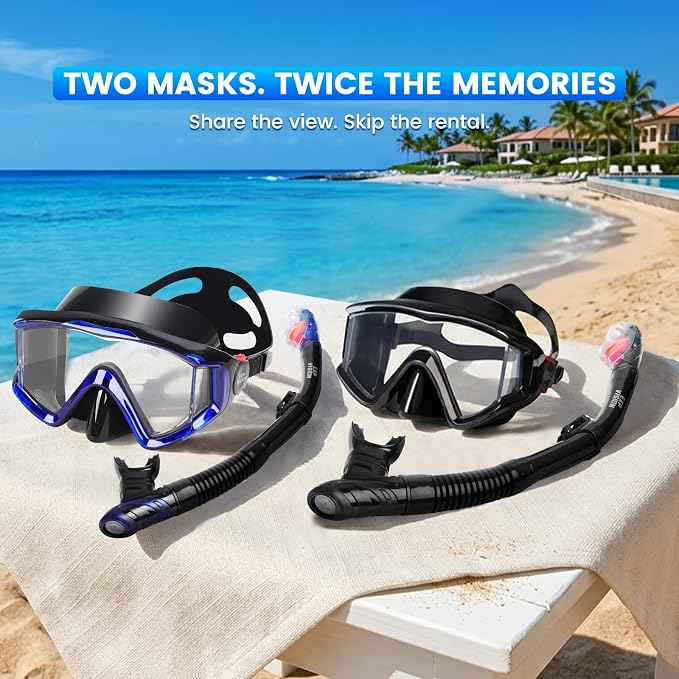 2 Pack Snorkel Mask for Adults - 180° Panoramic View, Anti-Fog Shatterproof PC Lens, Dry Snorkel Set for Diving, Swimming & Travel