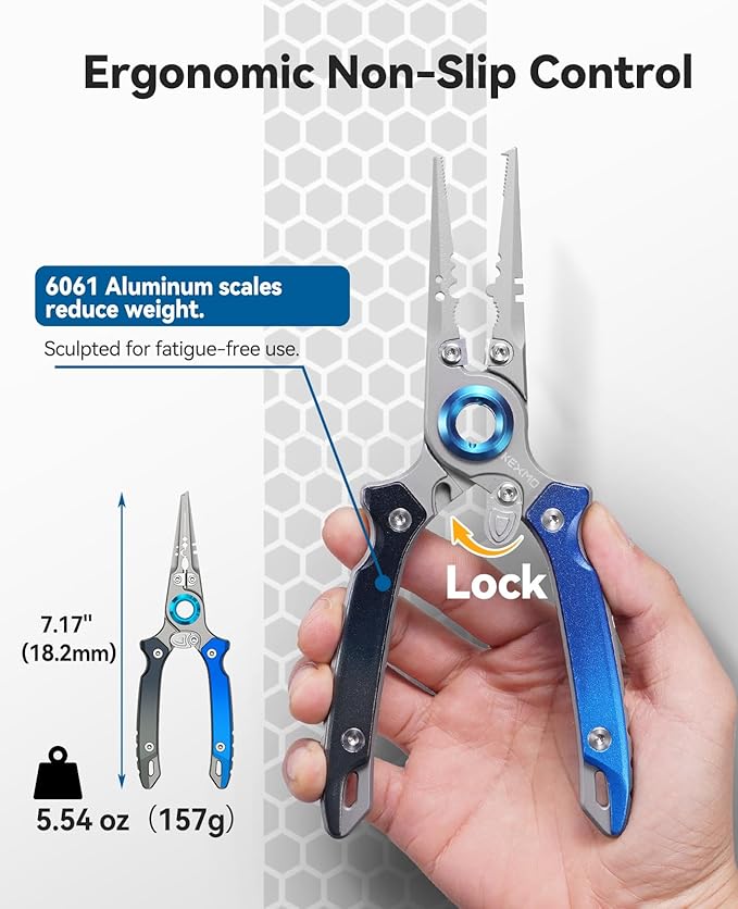KEXMO 17-4 Stainless Steel Fishing Pliers, Anti-Twist Saltwater Hook Remover Tool, 7.17" Split Ring Pliers with Tungsten Cutters, Lightweight Aluminum Scales, Luminous Locking S-Carabiner
