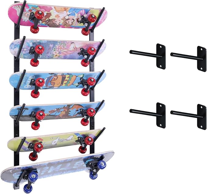 6 tiers Skateboard Wall Mount Longboard Rack Storage + 4pcs Skateboard Hanger Skate Deck Display Holder