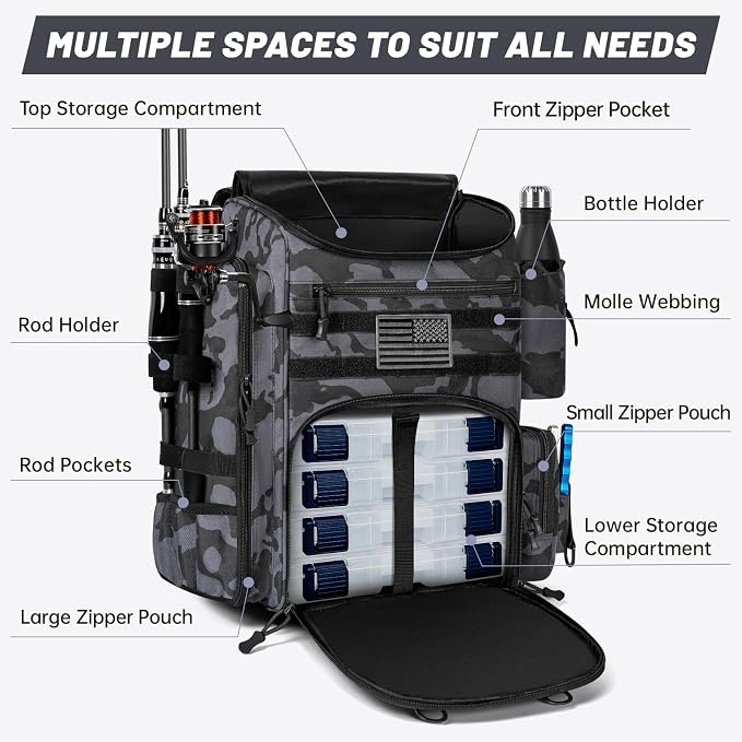 40L Fishing Backpack Water Resistant Fishing Tackle Bag with 2 Rod Holders, Tackle Storage Bag for Anglers（Black camo,Bag Only