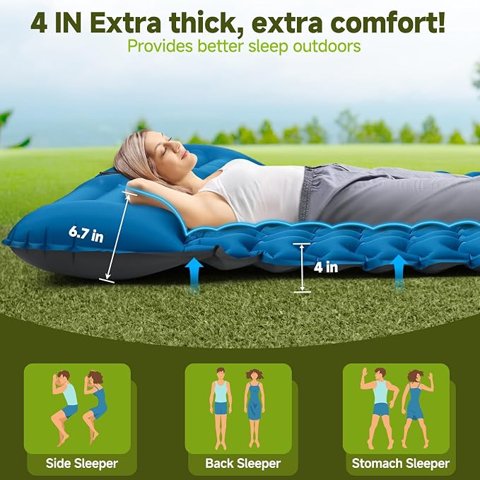 Double Camping Sleeping Pad, 4" Extra Thick 2 Person Inflatable Sleeping Pad with Built-in Foot Pump & Pillow, Ultralight Self Inflating Camping Mattress for Tent, Backpacking, Hiking, Travel, RV