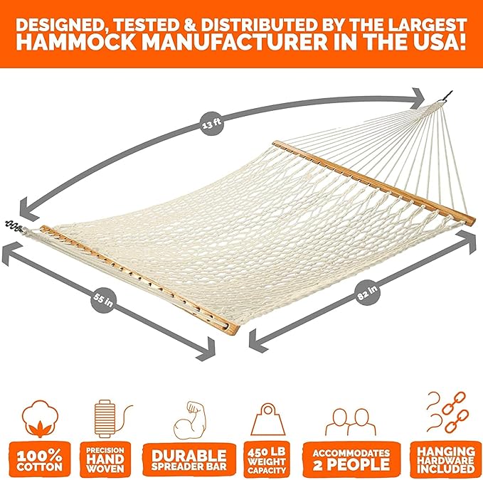 Castaway Living 13 ft. Double Traditional Hand Woven Oatmeal Cotton Rope Hammock – 2-Person, 450 lb Capacity, Free Extension Chains & Tree Hooks, Designed in The USA