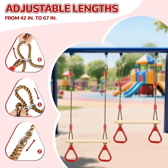 LadyRosian Wooden Trapeze Swing Bar, Adjustable Height Swing Set, Gym Rings, Playground Attachments, 16.5" Monkey Bar for Backyard, Playground, Playroom (Red)