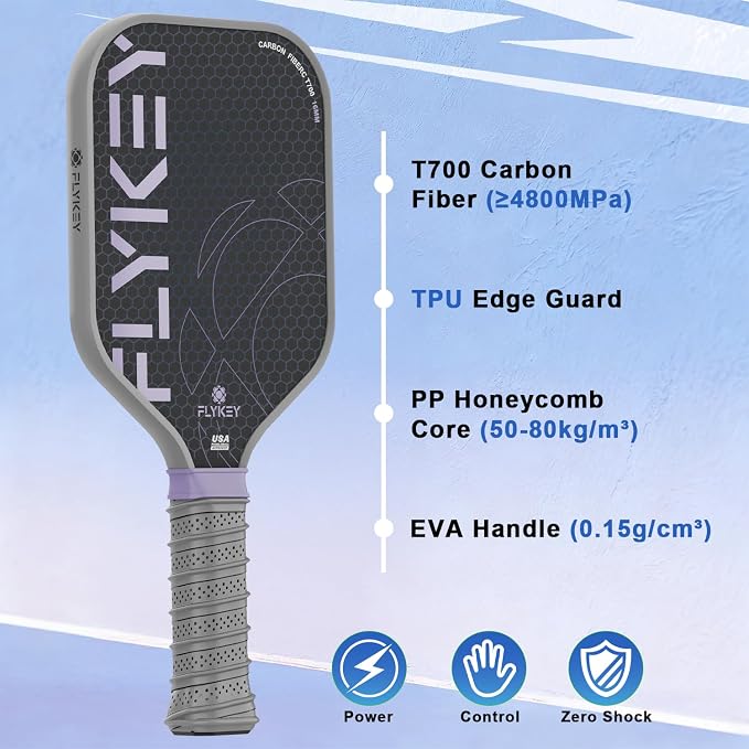 FLYKEY Pickleball Paddles, T700 Carbon Fiber Pickleball Paddle with a 16mm Shark Power Polymer Core, USAPA Approved Pickle Ball Paddle, Strong Spin and Power Surface,Strong Shock Absorption