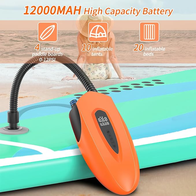 Fisca Paddle Board Electric Pump 20PSI, Portable Rechargeable Paddleboard Pump, 12000mAh Dual Stage Inflation Deflation Auto-Off Air Pump for SUP, Kayak, Inflatable Boat, Tent