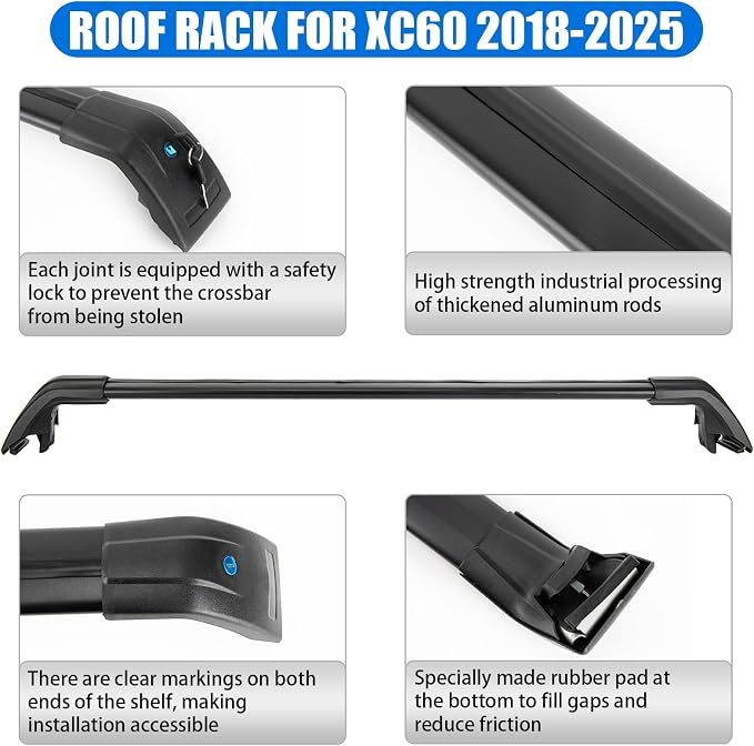 Psler Heavy Duty Roof Racks Cross Bars Compitable with Volvo XC60 2018 2019 2020 2021 2022 2023 2024 2025 with Metal Anti-Theft Lock, Aluminum Roof Rails Crossbars Anti-Theft Non-Corrosion