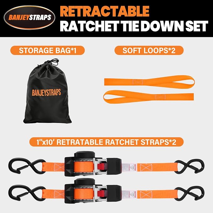 1" x 10' Self Retracting Ratchet Straps (2-Pack) - Orange Heavy Duty Tie Downs with Auto-Retract, 1540lb Break Strength for Truck, Motorcycle, ATV, UTV, Cargo Trailer