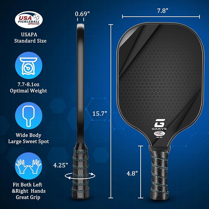 GARYE Pickleball Paddles Set of 4, Carbon Fiber Pickle Ball Paddle, USAPA Approved Lightweight Rackets 4 Pack for Adults and Teenagers, Includes 6 Balls, 1 Bag, and 4 Grip Tapes