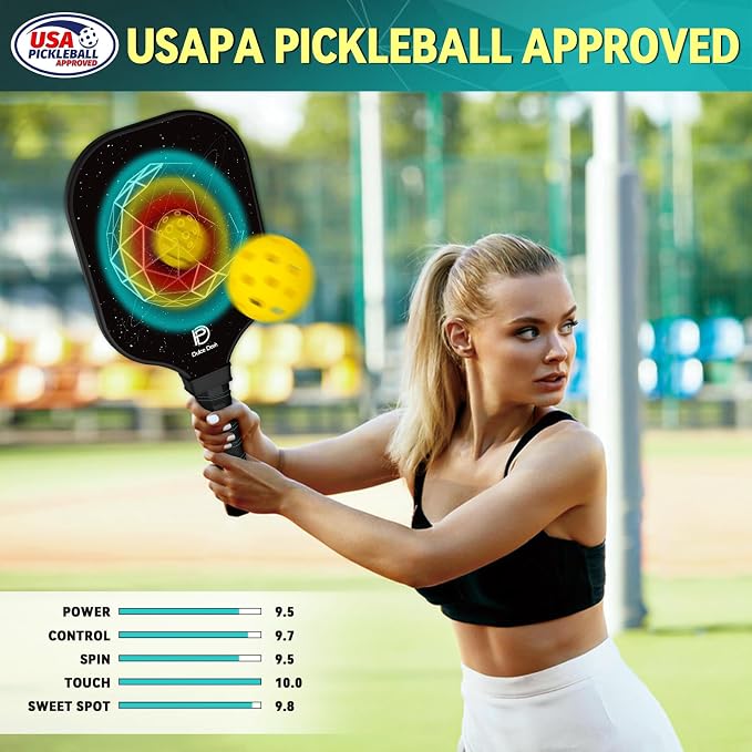 Dulce DOM Pickleball Paddles Set of 2/4 - USAPA Approved, 4 Indoor Outdoor Pickleball Balls, Fiberglass Surface Paddle Racket with Cover Bag, Ideal Training Equipment Gift for Men & Women