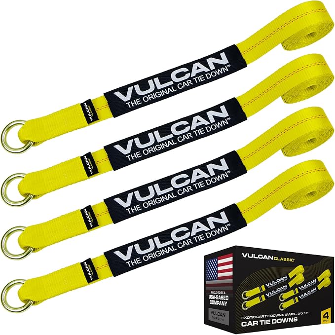 VULCAN Loop Exotic Car Tie Down Straps - 2 Inch x 12 Foot - Classic Yellow - Includes Four 2 Inch x 144 Inch Loop Straps
