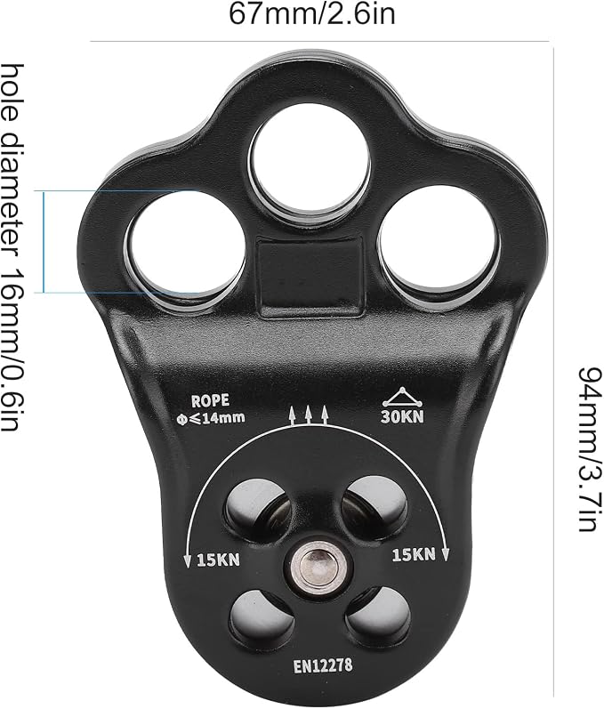 30KN Dual Bearing Hitch Climber Pulley, for Arborist Tree Climbing with 3 Holes Side Plate