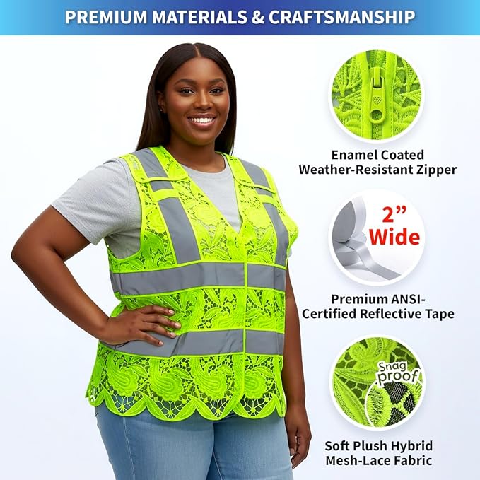 Lace-Mesh Safety Vest for Women & Men - Breathable, High Visibility Vest with Zipper & ANSI Class 2 Reflective Strips