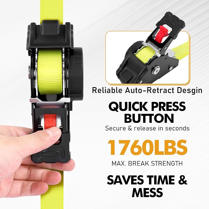 LEVELEVE Retractable Ratchet Tie Down Straps (1" x 10FT, 2-Pack, Yellow) - Heavy Duty 1760LBS Break Strength Quick-Lock, Weather Resistant for Moving, Cargo, Trucks & Boats