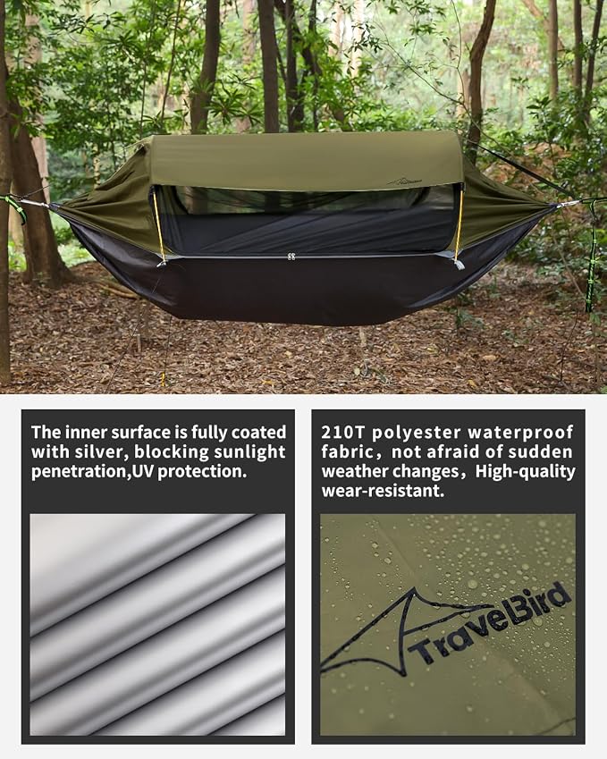 Camping Hammock Tent with Mosquito Net and Removable Sunshade, 4 in 1 Function, Lightweight Hanging Hammocks Tree Straps Swing, Bivvy Ground Tent for Outside, Hiking, and Travel