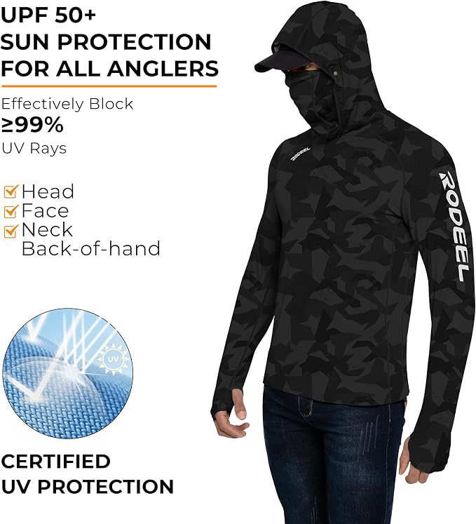 Rodeel Men's UPF 50+ Performance Fishing Hoodie, Long Sleeve Sun Protection Athletic Quick-Dry Breathable T-Shirt