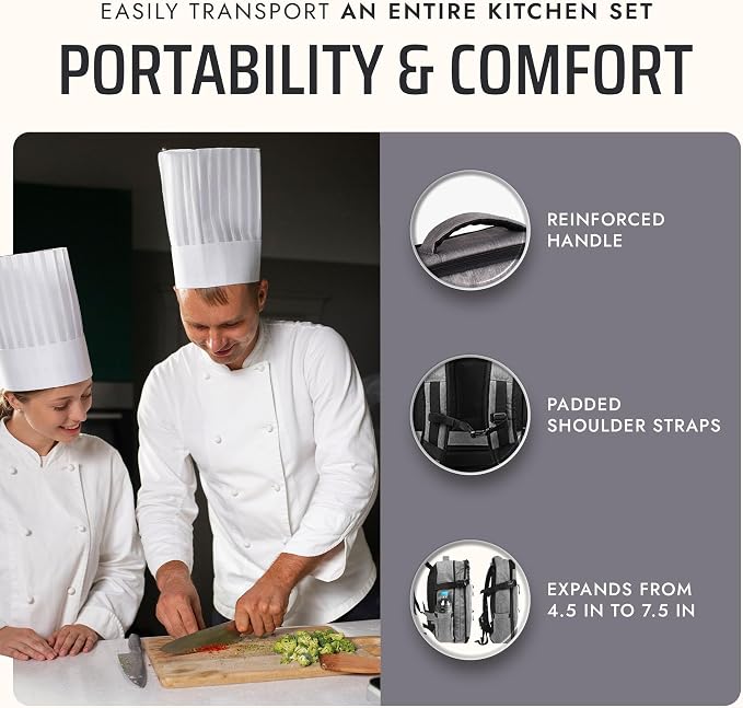 Asaya Chef Knife Backpack with 20-Pocket Knife Roll Bag - Over 30 Storage Pockets Chef Bag, Professional Backpack for Chefs and Culinary Students – Knives Not Included (Grey)