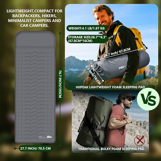 HiiPeak Memory Sleeping Pad, Compact 3" Thick Foam Sleeping Mats with Pillow, 9.5 R-Value Insulated Camping Mattress Pad, Easy Inflate & Deflate, Inflatable Sleep Mat for Backpacking Hiking Car Tent