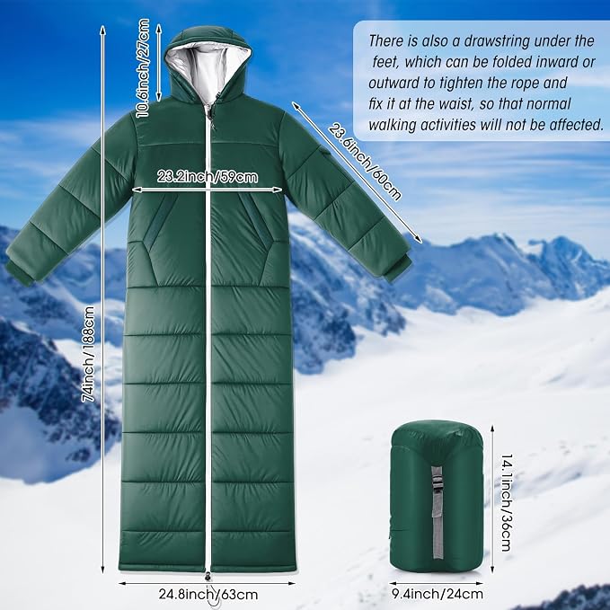 Macarrie Cold Weather Wearable Sleeping Bag for Adults with Sleeves and Hood 74 Inch Long 0 Degree Winter Weather Insulated Extreme Cold Sleeping Bag Coat for Camping Hiking Stadium