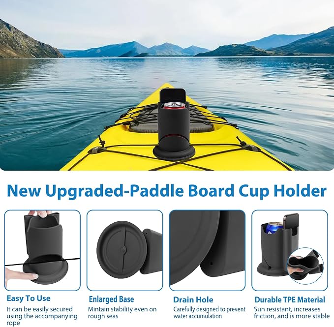 Paddleboard Cup Holder, Paddle Board and Kayak Drink Holder, 2-in-1 Drink & Phone Holder, Paddleboard Accessory for Surfboards, Canoes, SUPs, Kayaks, Boats (Black)