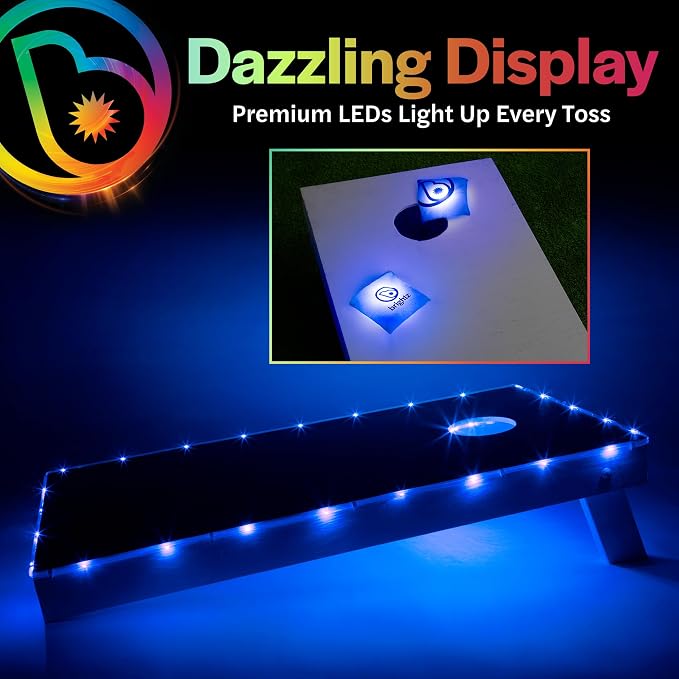 Brightz Cornhole Board Edge Lights with LED Bags - Includes 4-Pack of LED Cornhole Bags + TossBrightz Cornhole Board Edge Lights - The Ultimate Night Time Cornhole Master Set