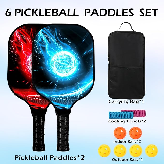 11 Pcs Pickleball Paddles Set Fiberglass Pickleball Set Carbon Fiber 2 Pickleball Paddle Lightweight Racket with 4 Outdoor 2 Indoor Pickleball Balls 2 Cooling Towels & Carry Bag Gift for Men Women
